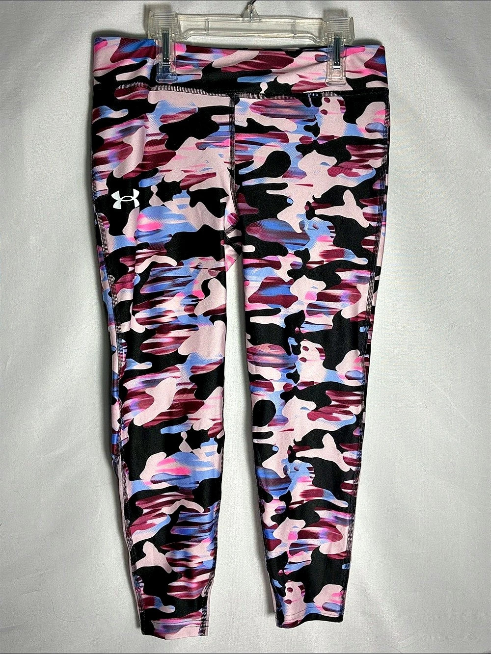 Under Armour Girls HeatGear Printed Ankle Crop Leggings Camo Pink Blue YLG L
